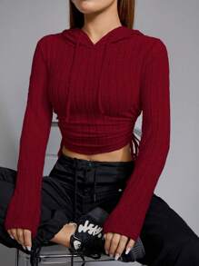 SHEIN EZwear Capucha crop con cordón lateral - Burdeos - Ver 4