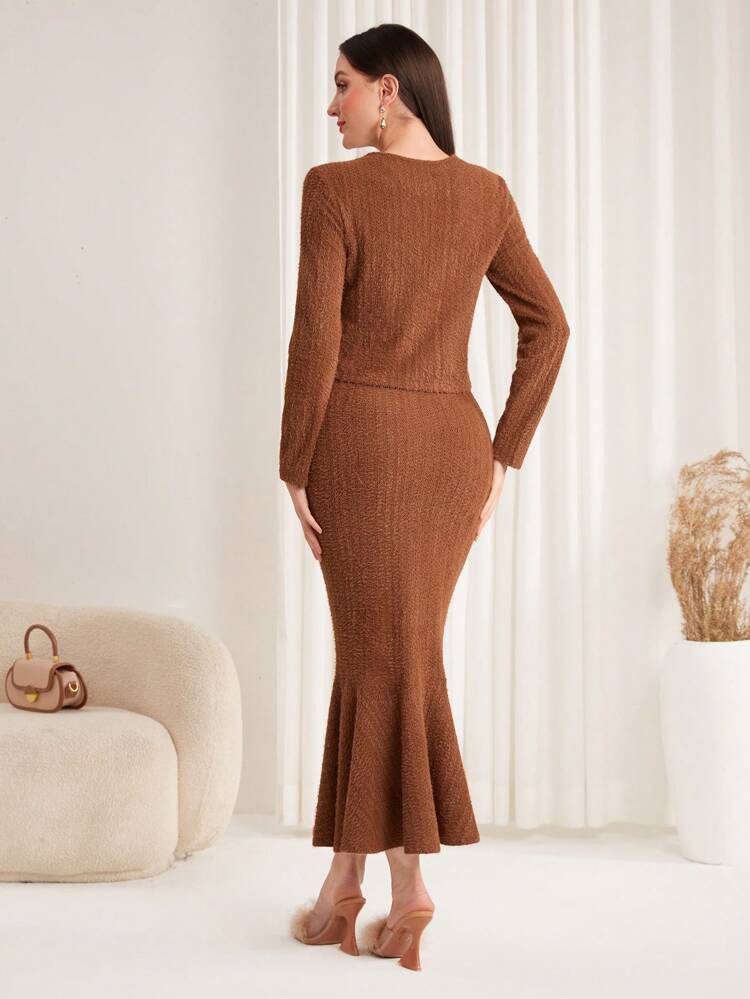 Solid Button Front Jacket & Mermaid Hem Cami Dress