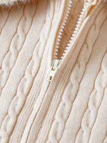 SHEIN Tween Girl Borg Collar Zip Up Cable Knit Cardigan