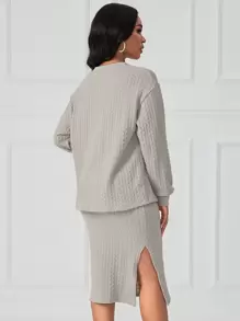 SHEIN Clasi Solid Button Front Top & Split Thigh Skirt - Light Grey - View 2