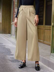 BizChic Chất rắn Túi nghiêng quần ống rộng Quần tây - Màu Khaki - Xem 6