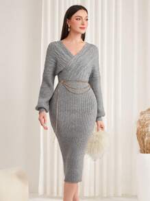 Modelyn 女士蝙蝠袖肋紋毛衣連衣裙 - 灰色 - 查看 5