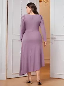 Modelyn Vestido de manga abullonada con detalles de pliegues y dobladillo asimétrico para mujer de talla grande