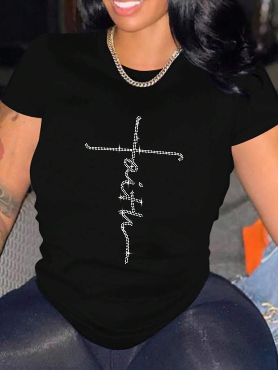 Faith Letter Rhinestone Crew Neck Tee Shirt Women's - Black - View 1