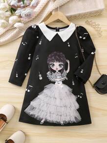 SHEIN 女小童人像圖案拼接領泡泡袖洋裝