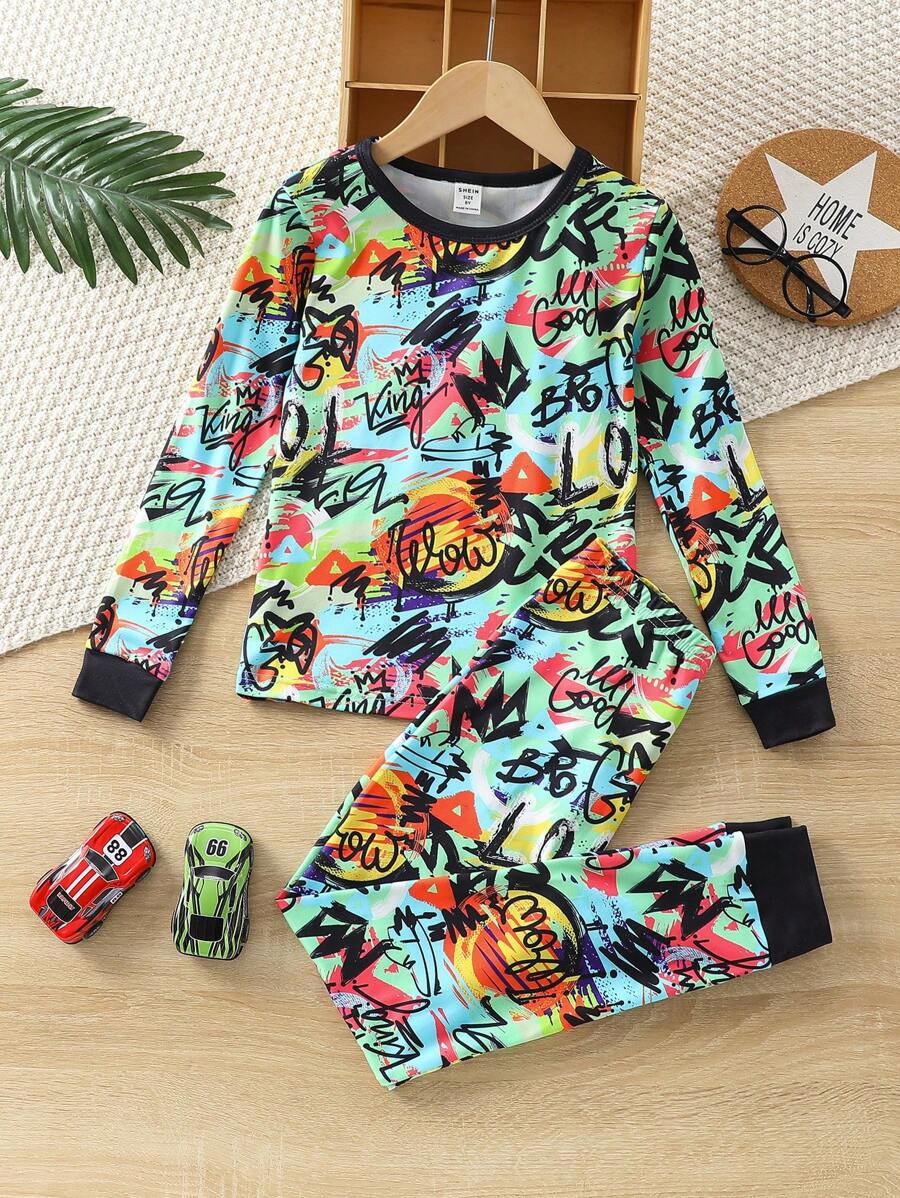 兒童男生貼身修身塗鴉印花對比邊綁t卹和運動長褲 - 彩色 - 查看 1