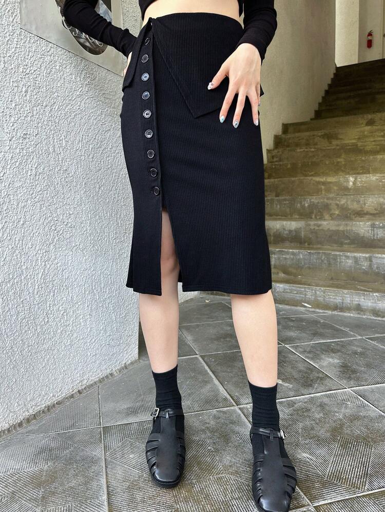 Button Front Split Hem Pencil Skirt