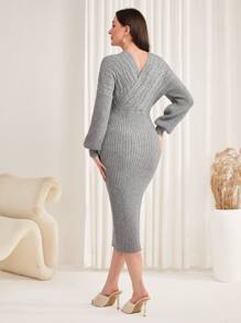 Modelyn 女士蝙蝠袖肋紋毛衣連衣裙 - 灰色 - 查看 2