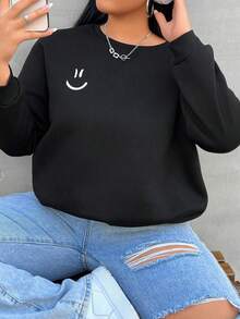 Flirla 大碼卡通圖案落肩袖運動衫 - 黑色 - 查看 8