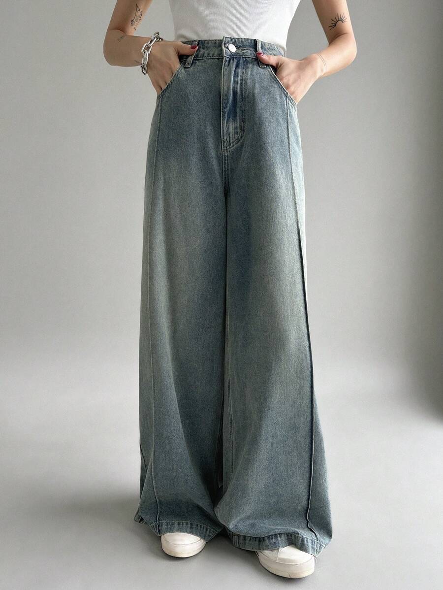 DAZY High Waisted Wide Leg Jeans - Blue - View 1