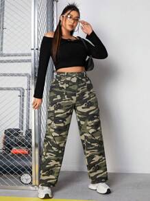 SHEIN EZwear Hơn Camo In Túi nắp bên cạnh Quần jean chở hàng - Nhiều màu - Xem 3
