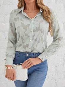 SHEIN Frenchy 提花前紐扣襯衫 - 綠色 - 查看 6