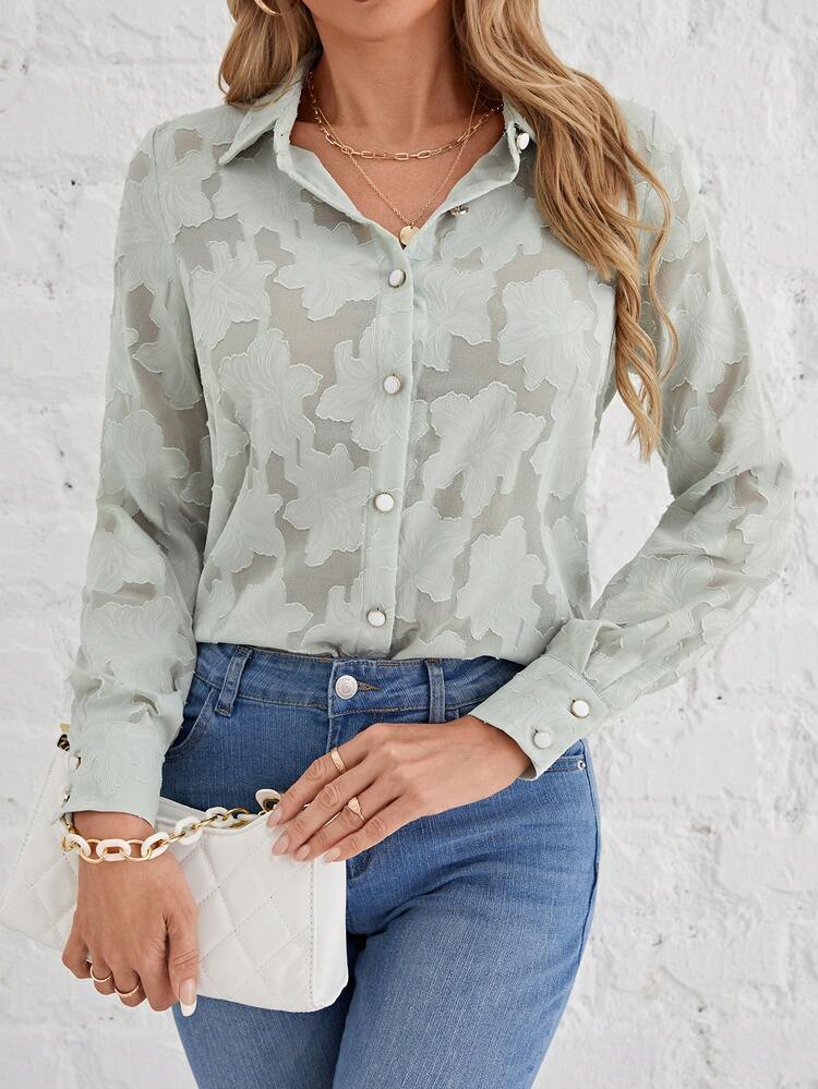 Jacquard Button Front Shirt Summer Vacation Flower Green
