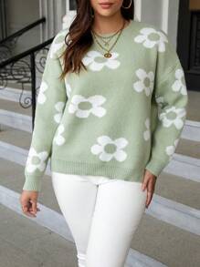 Celure Plus Floral Pattern Drop Shoulder Sweater - Green - View 5