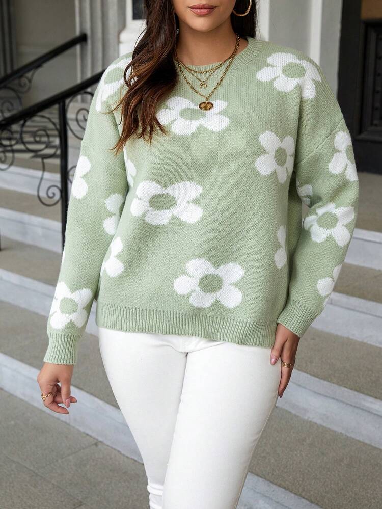 Celure Talla grande Jersey con patrón floral de hombros caídos - Verde - Añade 5