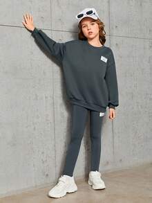 Tween Girl Patched Detail Drop Shoulder Pullover & Leggings - Dark Grey - View 4