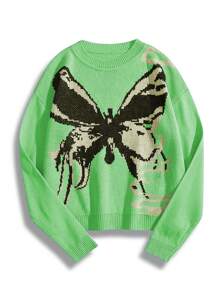 SHEIN Unity Butterfly Pattern Drop Shoulder Knit Pullover Fall Winter Sweater - Green - View 1