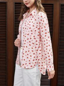 SHEIN EZwear 嘴唇印花落肩袖襯衫 - 粉色 - 查看 5