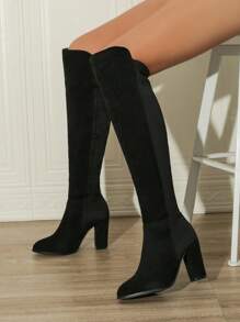 2024 秋冬新款女士高跟圆头侧拉链中筒靴粗跟弹力马靴