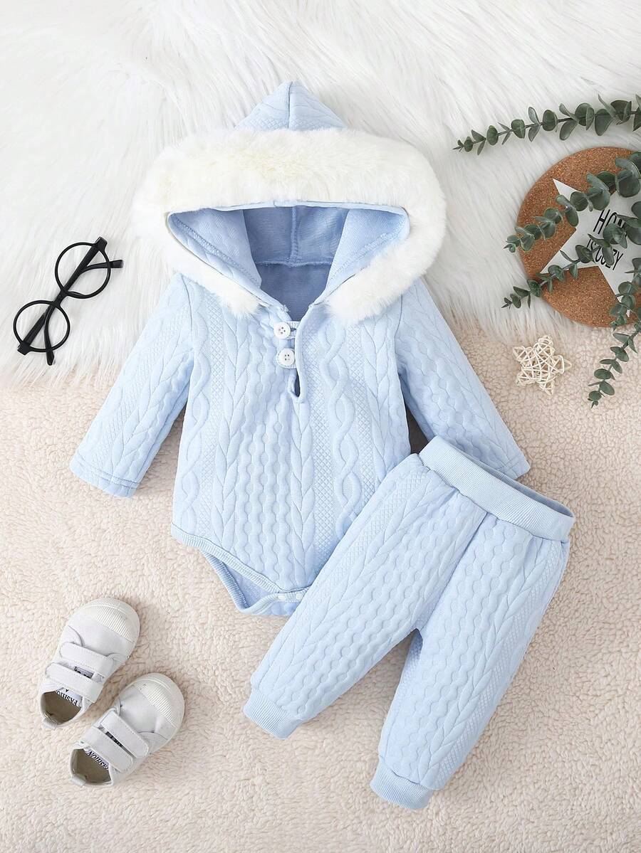 Baby Boy Fuzzy Trim Hooded Bodysuit & Sweatpants - Blue - View 1