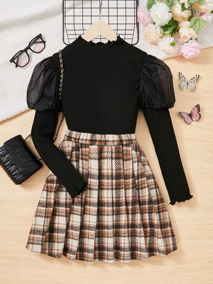 Tween Girl Knitted Texture Solid Color Splice Mesh Puff Sleeve Top And Plaid Skirt Set