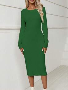 SHEIN LUNE Ladies áo len váy Chia Gân đan màu trơn Thanh lịch - màu xanh lá - Xem 4