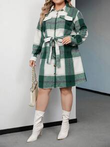 SHEIN Franclia Hơn In kẻ sọc Thắt lưng Váy sơ mi - màu xanh lá - Xem 4