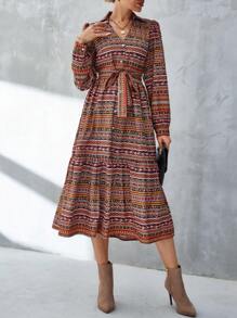 SHEIN VCAY Allover Print Belted Shirt Dress - Multicolor - View 1