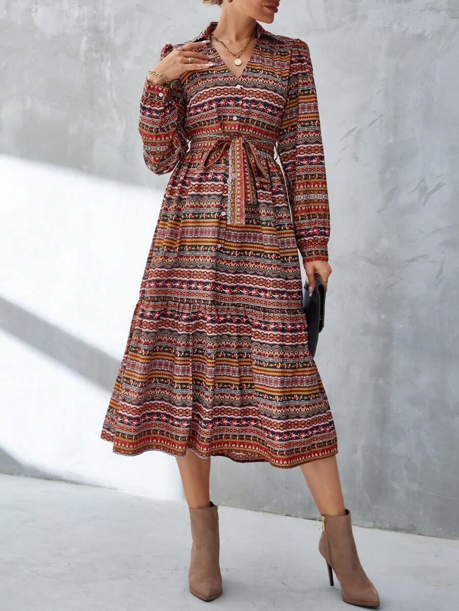 SHEIN VCAY Allover Print Belted Shirt Dress - Multicolor - View 1