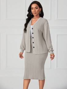 SHEIN Clasi Solid Button Front Top & Split Thigh Skirt - Light Grey - View 5