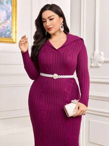 Modelyn Plus Sailor Collar Ribbed Knit Sweater Dress Without Belt