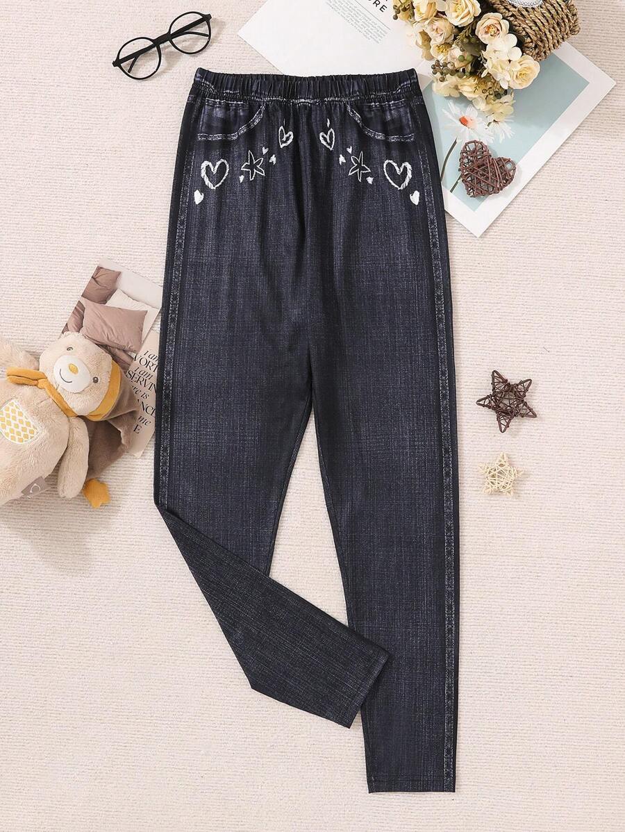 Teen Girls' Denim Effect And Heart Print Leggings - Black - View 1