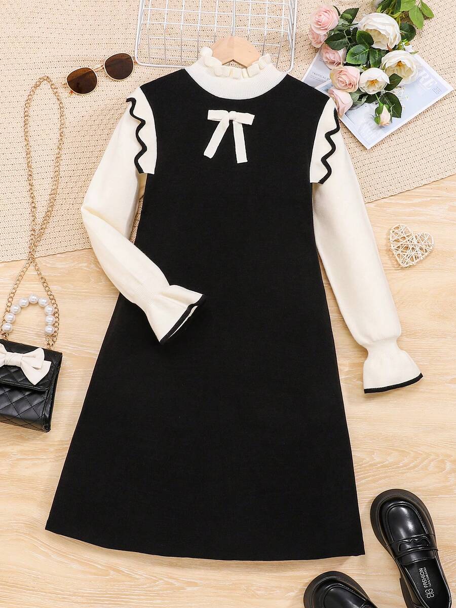 SHEIN 適合少女穿著的長袖荷葉領毛衣連衣裙 - 彩色 - 查看 1