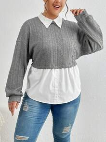 SHEIN Essnce Plus Size Color-Block Drop-Shoulder 2 In 1 T-Shirt - Grey - View 5