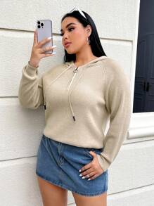 SHEIN EZwear Jersey De Gran Tamaño Con Capucha Y Manga Larga - Caqui - Ver 4
