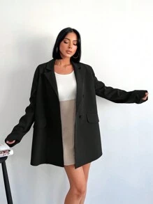 RueChic Lapel Collar Loose Double Breasted Suit Jacket - Black - View 5