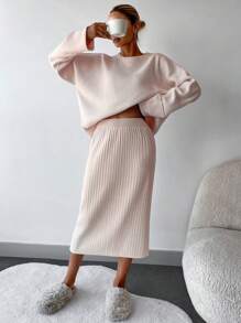 EURMUSE Conjunto informal de 2 piezas de camiseta de manga larga con hombros caídos y pantalones de unicolor para mujer - Rosa - Ver 1