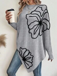 EMERY ROSE Floral Pattern Batwing Sleeve Asymmetrical Hem Knit Pullover Fall Winter Sweater - Grey - View 5