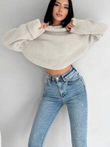 EURMUSE 堆堆領插肩袖條紋針織套頭毛衣 - 米色 - 查看 4