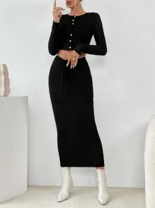 SHEIN Essnce 前紐扣短款T恤&腰部抽繩半身裙 - 黑色 - 查看 4
