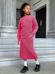SHEIN Tween Girl Pocket Patched Drop Shoulder Sweater & Knit Skirt - Hot Pink - View 5