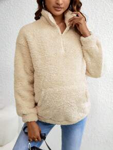 SHEIN Maternity Half Zip Kangaroo Pocket Drop Shoulder Fuzzy Sweatshirt - Beige - View 5