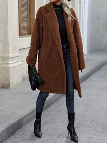 SHEIN LUNE Lapel Neck Slant Pocket Double Button Teddy Coat - Brown - View 6