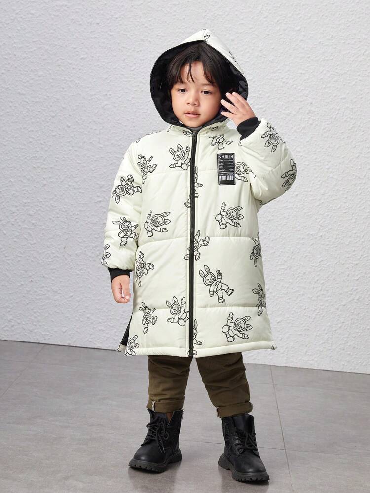 Young Boy Letter Patched Detail Cartoon Print Hooded Padded Coat