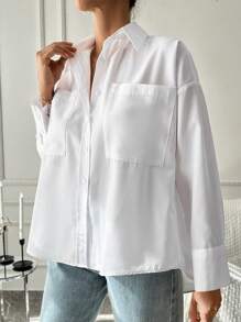 EURMUSE Women's Button-down Shirt With Patch Pocket And Drop-shoulder Design - White - View 3