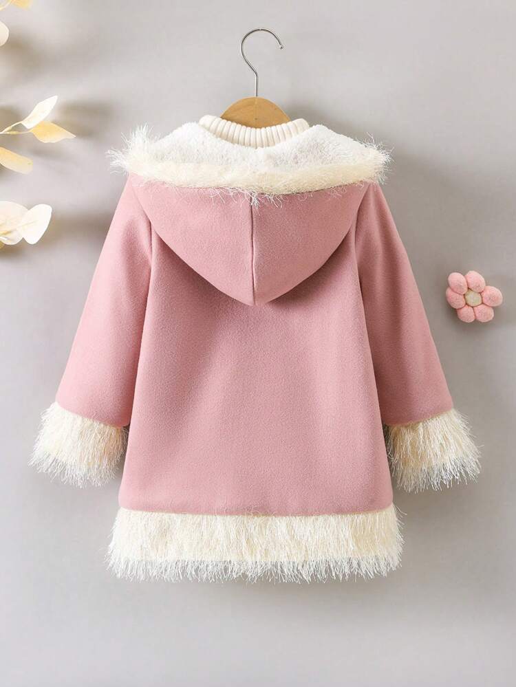 Girls' Fur-edged Hooded Woolen Jacket