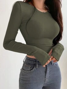 DAZY Camiseta corta de unicolor para mujer, ropa de otoño con manga larga para mujer