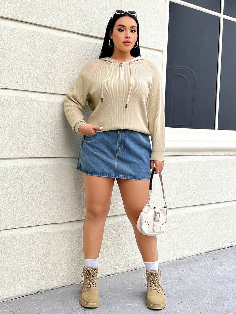 Plus Raglan Sleeve Drawstring Hooded Sweater
