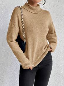 SHEIN Essnce 高領落肩袖下擺開叉套頭毛衣 - 駝色 - 查看 3