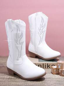 女孩水鑽細節側拉鍊西部牛仔靴 - 白色 - 查看 6